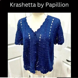 Vintage Kroshetta by papillon crochet button front sweater in dark blue❤️
